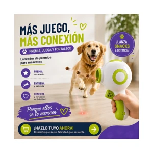 Lanzador de premios láser blanco con detalles en verde lima, accionado por mano, proyecta rayo láser rojo sobre perro dorado corriendo en interior luminoso.