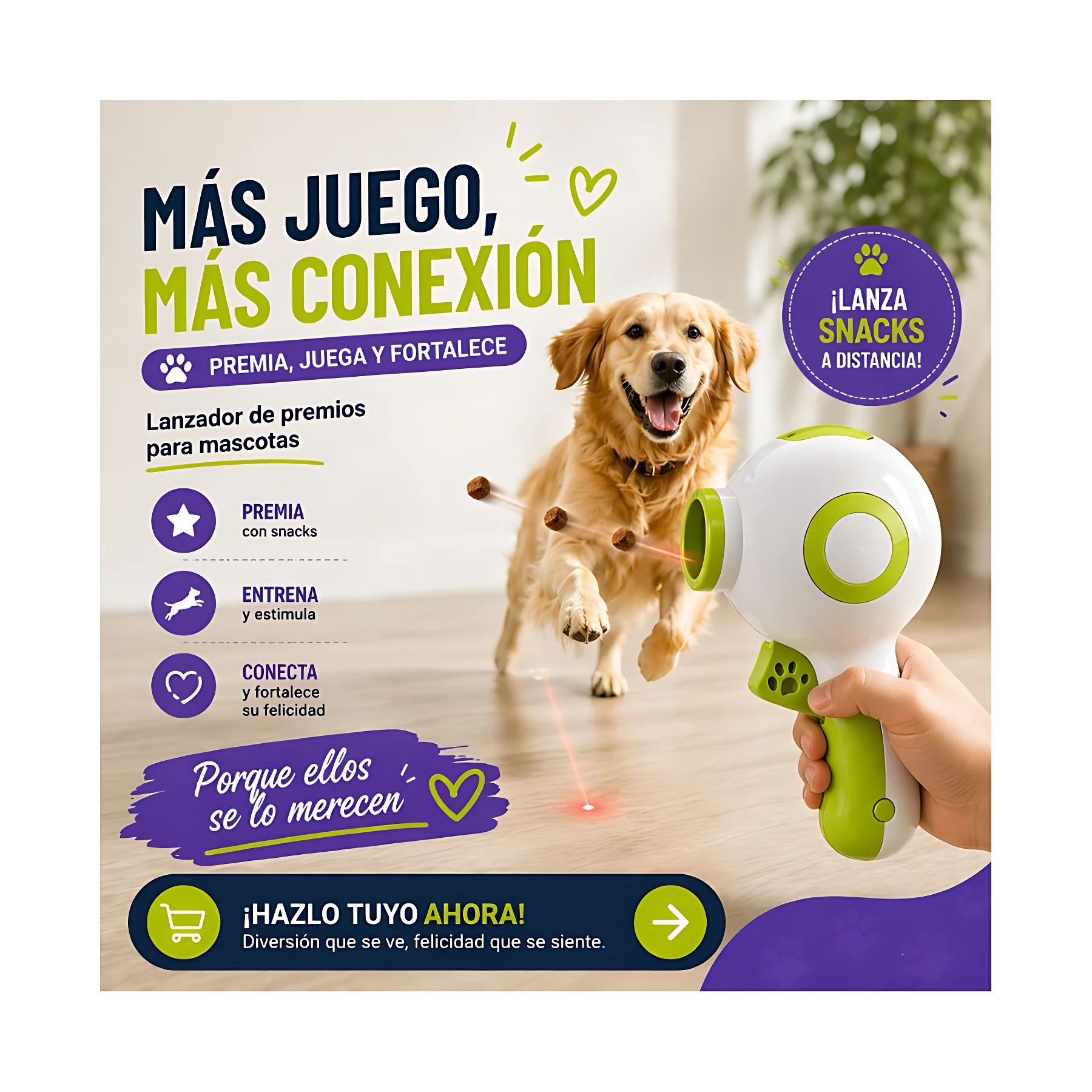 Lanzador de premios láser blanco con detalles en verde lima, accionado por mano, proyecta rayo láser rojo sobre perro dorado corriendo en interior luminoso.
