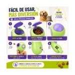 Lanzador de premios para mascotas en verde y morado, con diagrama de uso en seis pasos: abrir tapa, agregar premios, cerrar, presionar gatillo, activar láser y cambiar batería. Incluye de perro y gato.