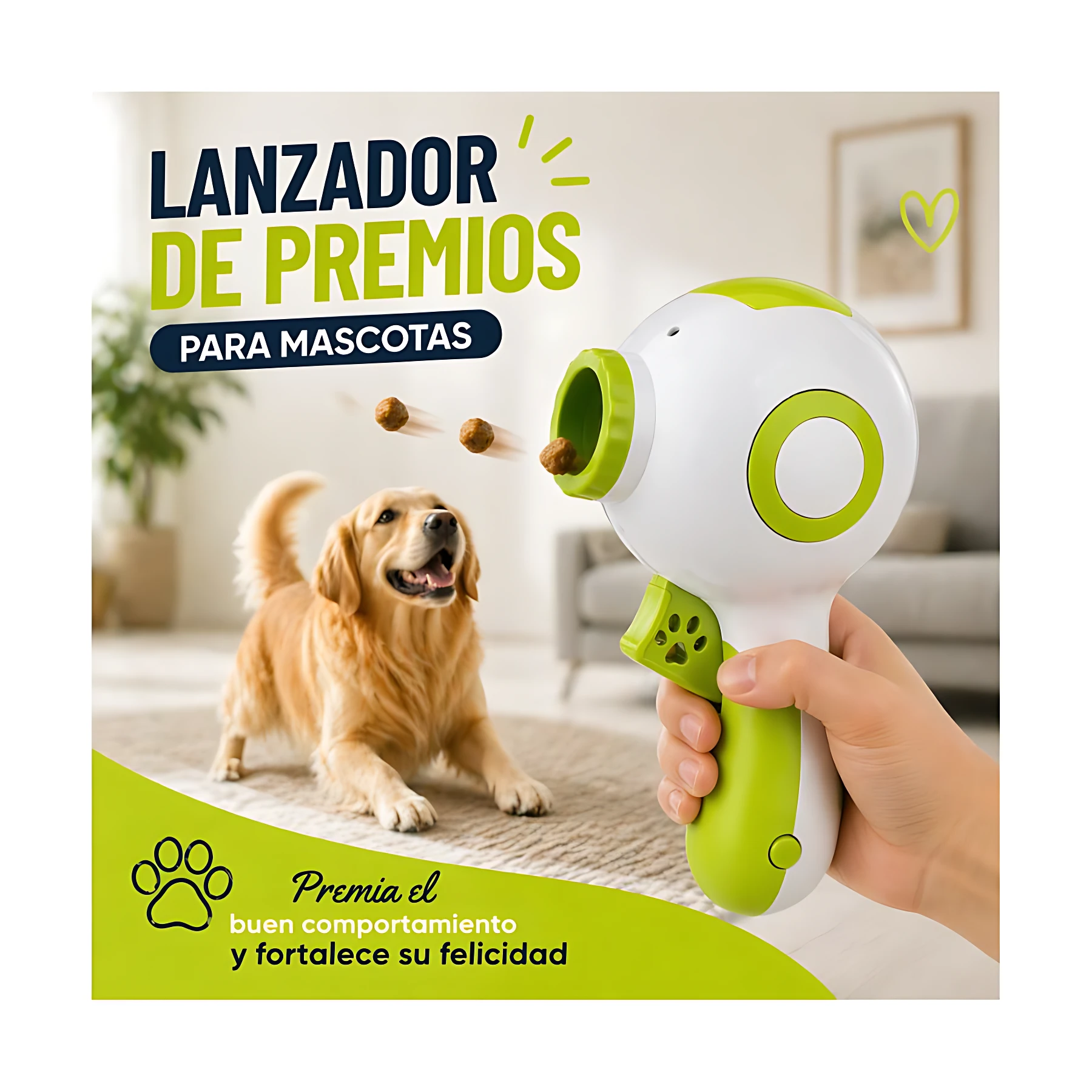 Lanzador de premios para mascotas en color blanco y verde, con mango ergonómico y salida circular. En uso, lanza treats hacia un perro dorado sentado en sala. Ideal para entrenamiento y diversión.