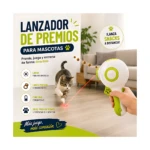 Lanzador de premios láser blanco y verde, con mango ergonómico y botón central. Incluye puntero láser rojo y proyecta snacks secos en forma de bolas. Ideal para entrenar y jugar con gatos o perros.