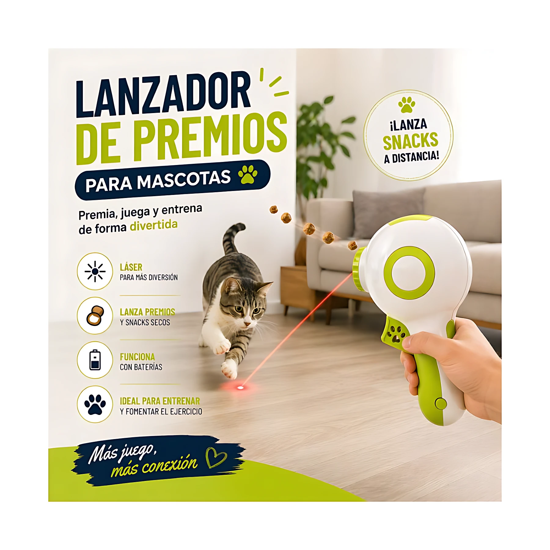 Lanzador de premios láser blanco y verde, con mango ergonómico y botón central. Incluye puntero láser rojo y proyecta snacks secos en forma de bolas. Ideal para entrenar y jugar con gatos o perros.