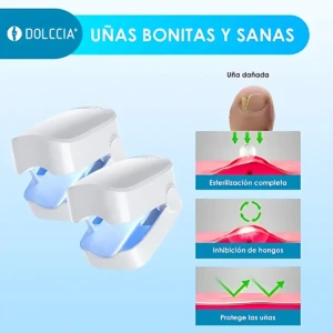 Dos láseres azules portátiles de la marca Dolccia, diseñados para eliminar hongos en uñas de pies y manos en casa.