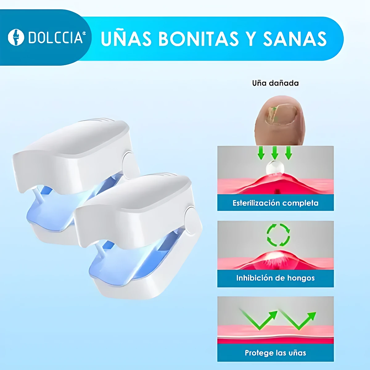 Dos láseres azules portátiles de la marca Dolccia, diseñados para eliminar hongos en uñas de pies y manos en casa.