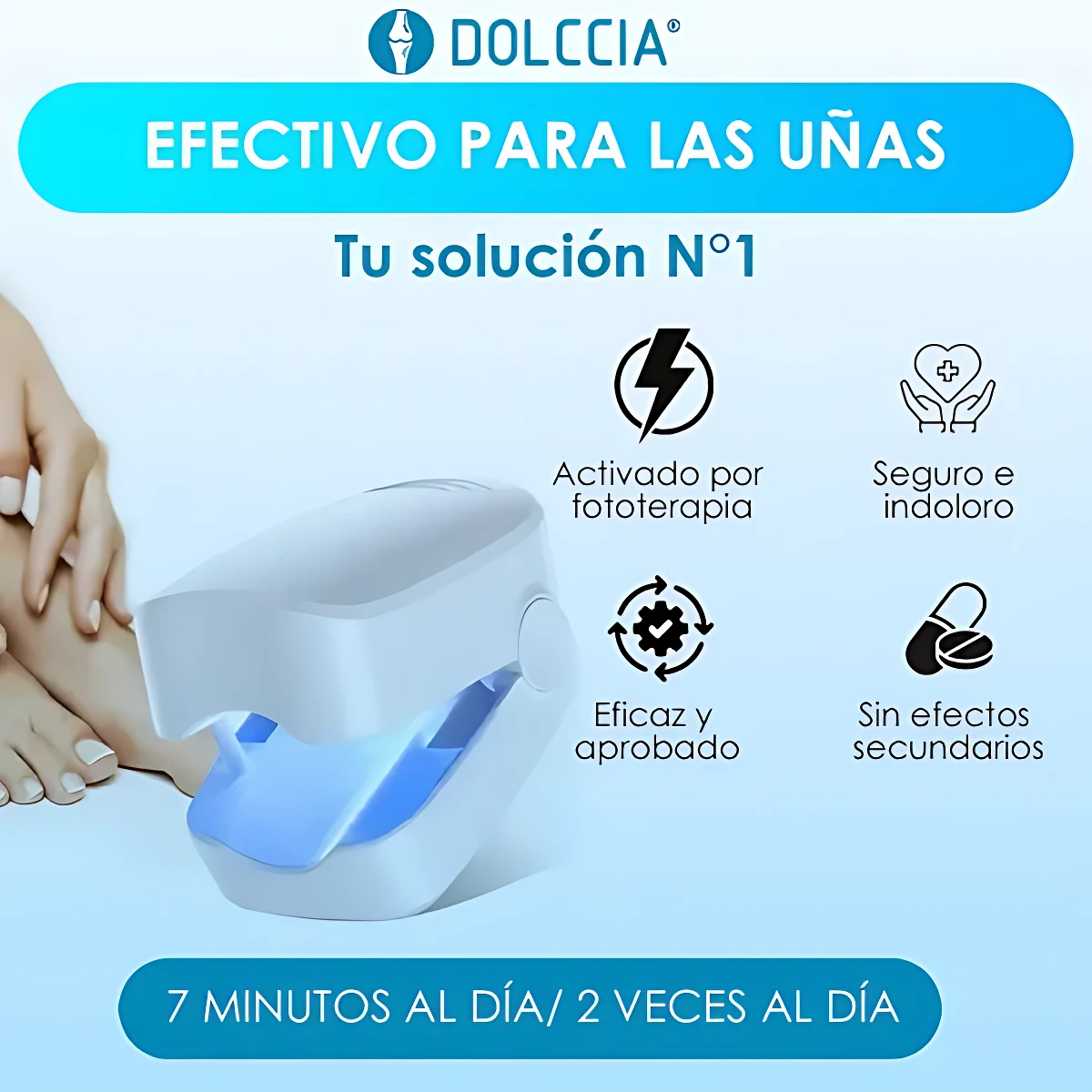Láser azul portátil para tratamiento de hongos en uñas de pies y manos, con luz visible y diseño compacto.