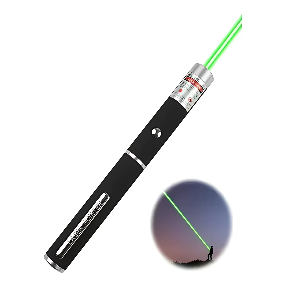 Láser pointer verde alta visibilidad, cuerpo negro, haz potente, ideal para presentaciones.
