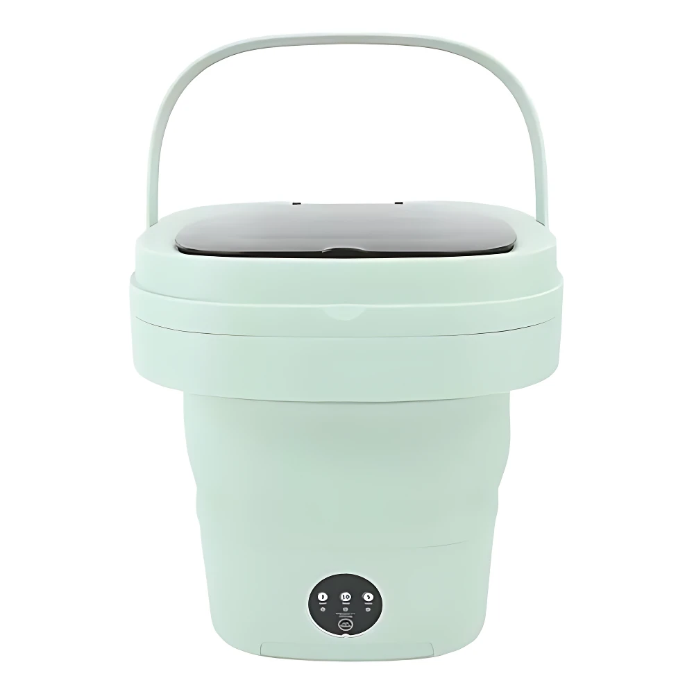 Lavadora portátil color menta con asa y panel de control frontal, diseñada para lavar hasta cuatro prendas íntimas en minutos.