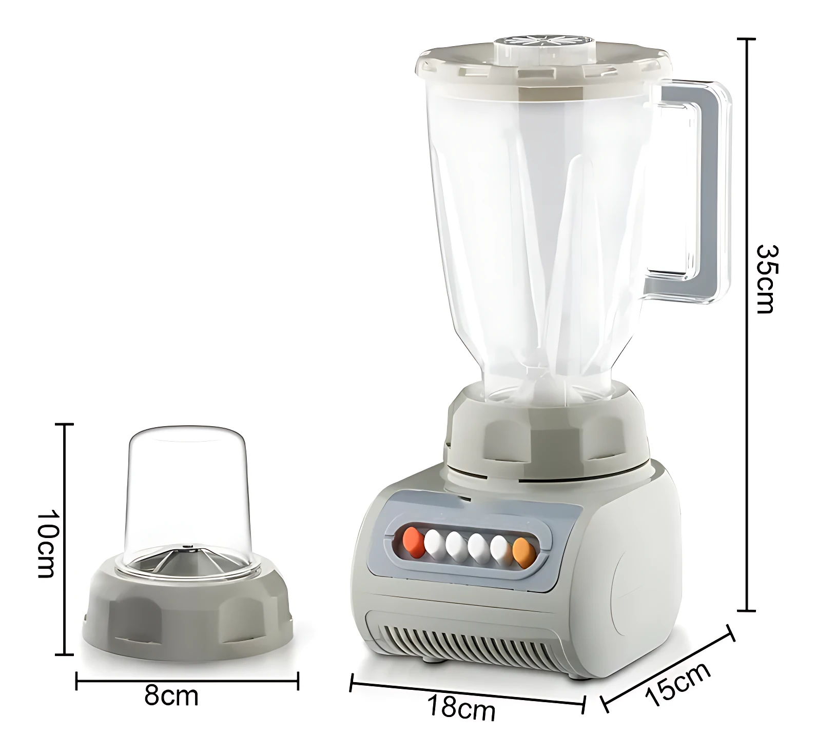 Licuadora multifuncional de 600W con jarra de vidrio transparente, base gris claro con panel de control y accesorios incluidos; medidas visibles: 35 cm de altura, 18 cm de ancho y 15 cm de profundidad.