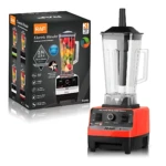 Licuadora Raf de 2400W en color rojo con jarra transparente de 2.5L, base negra y panel de control frontal.