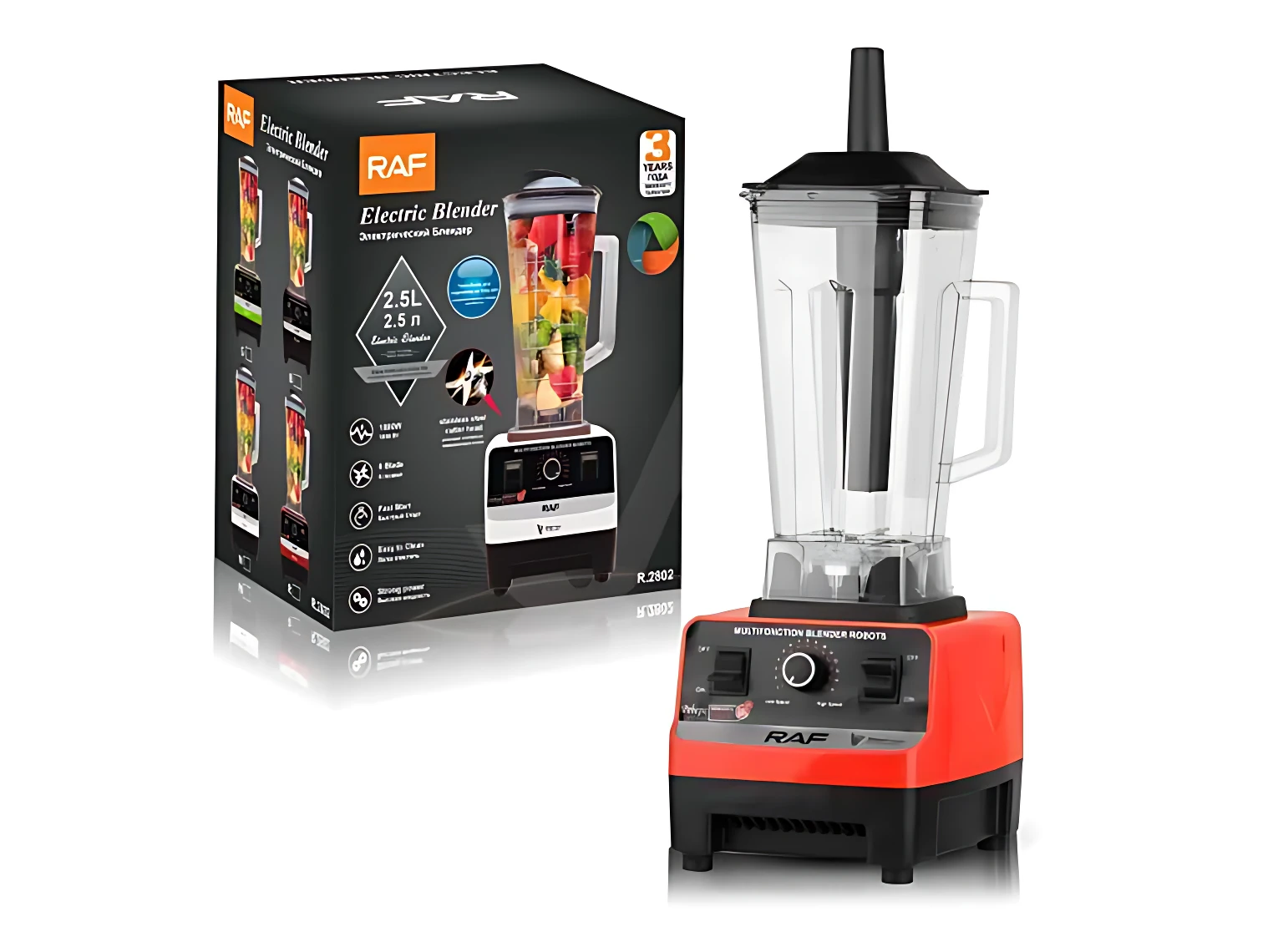 Licuadora Raf de 2400W en color rojo con jarra transparente de 2.5L, base negra y panel de control frontal.