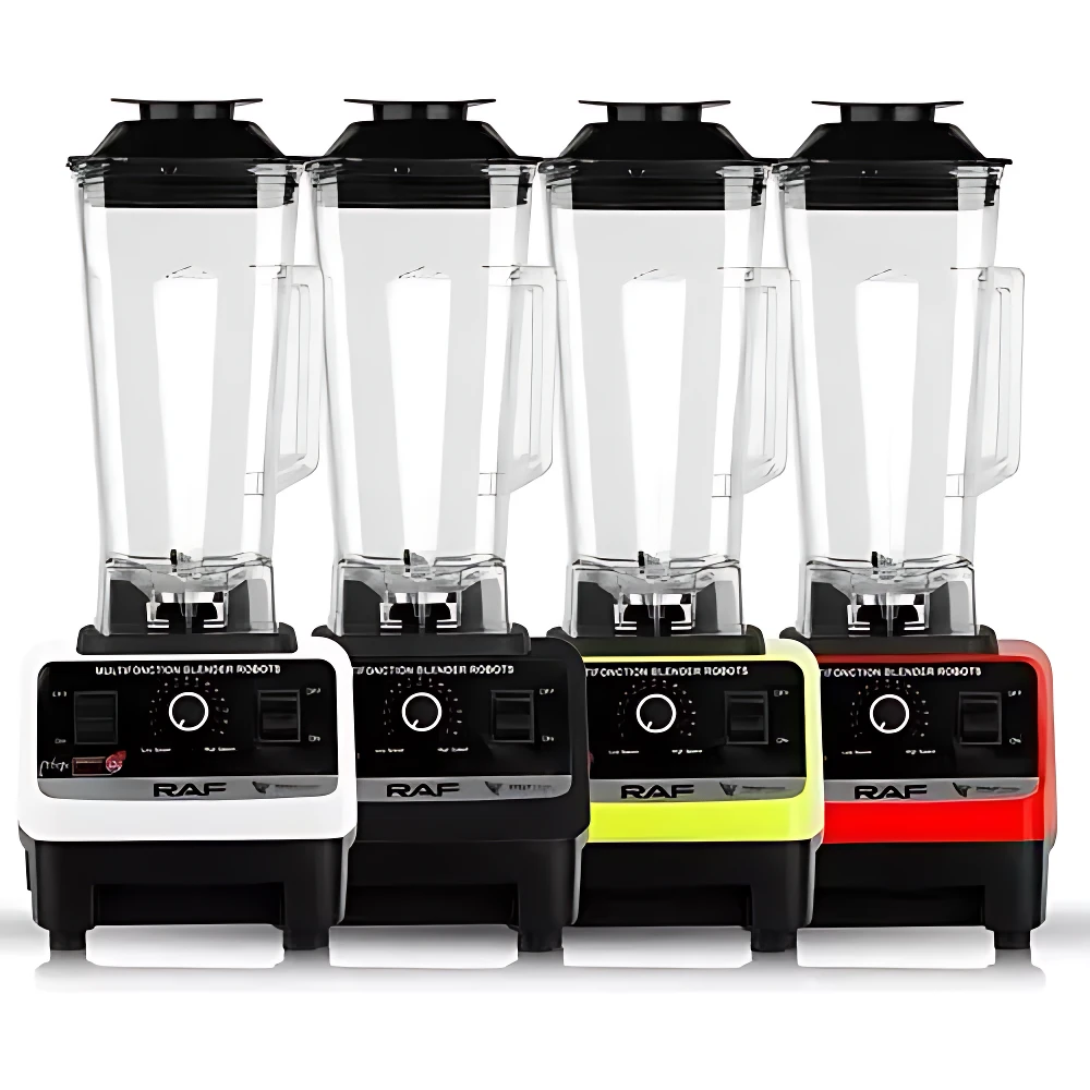 Cuatro licuadoras Raf de 2400W con jarra de 2.5L, en blanco, negro, amarillo y rojo, mostrando panel frontal con controles y logotipo.