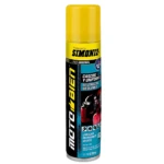 Aerosol amarillo de 220 ml de Simoniz Moto X-Ball, limpiador en seco para cascos y uniformes, con etiqueta azul y gráfica de motociclista.
