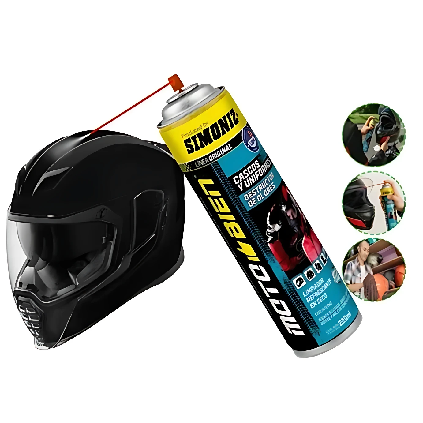 Limpiador de cascos Simoniz Moto X-Ball en aerosol, con aplicador rojo, junto a un casco negro brillante. Incluye círculos que muestran su uso en limpieza de cascos y accesorios.
