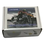 Caja blanca con de motociclista usando casco con limpiaparabrisas activas, texto Lian Bang y Smart Helmet Wiper visible en la parte frontal.