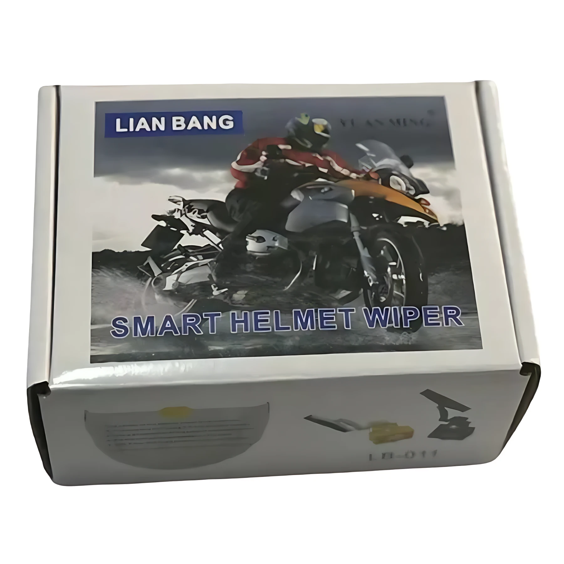 Caja blanca con de motociclista usando casco con limpiaparabrisas activas, texto Lian Bang y Smart Helmet Wiper visible en la parte frontal.