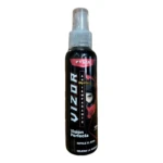 Botella negra de 125 ml del líquido antiempañante Vizor, con etiqueta que muestra rostro con visera y texto en blanco y rojo.