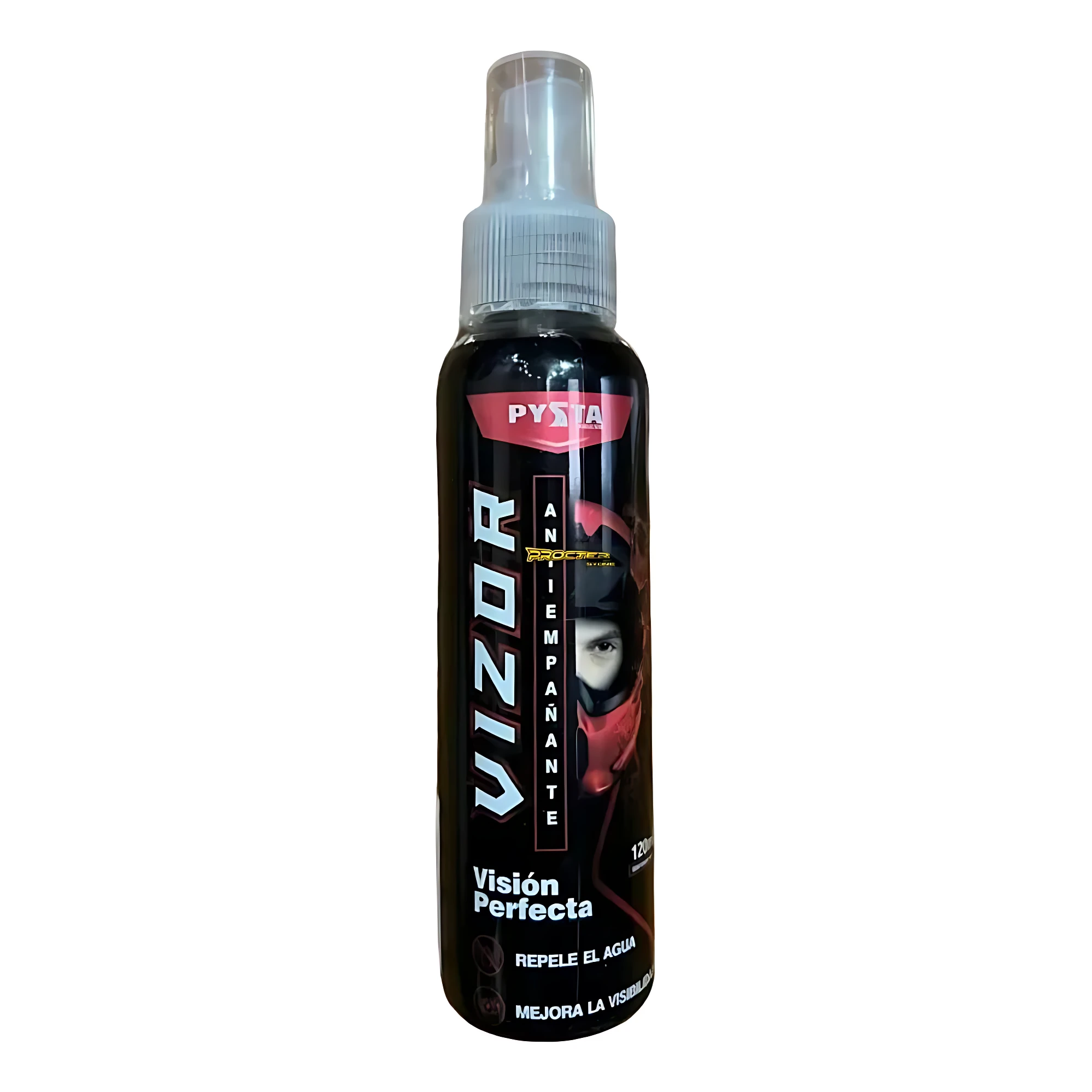 Botella negra de 125 ml del líquido antiempañante Vizor, con etiqueta que muestra rostro con visera y texto en blanco y rojo.