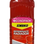 Botella roja de refrigerante radiador Simoniz Econopack, con tapa amarilla y etiqueta que indica 40% más producto.