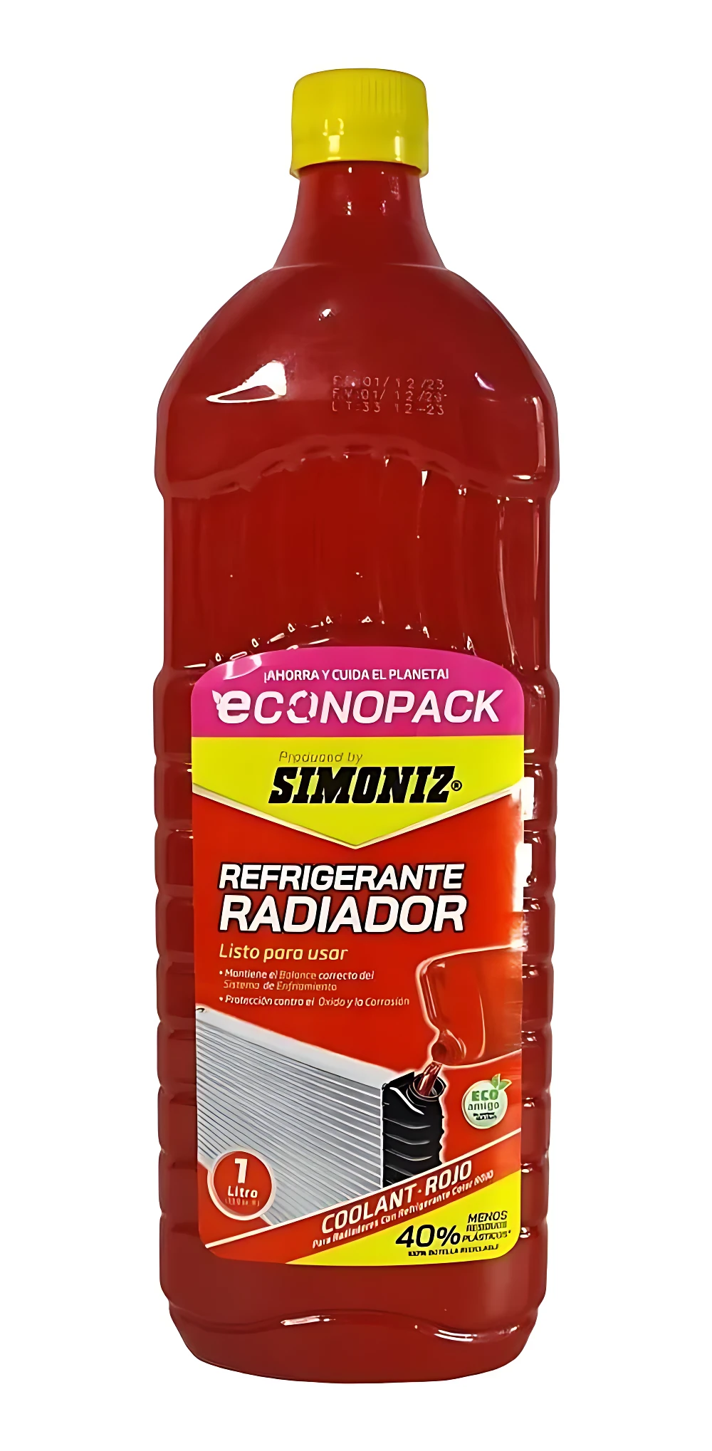 Botella roja de refrigerante radiador Simoniz Econopack, con tapa amarilla y etiqueta que indica 40% más producto.