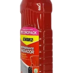 Botella roja de 1 litro de refrigerante radiador Simoniz, con tapa amarilla y etiqueta que indica protección antióxido.