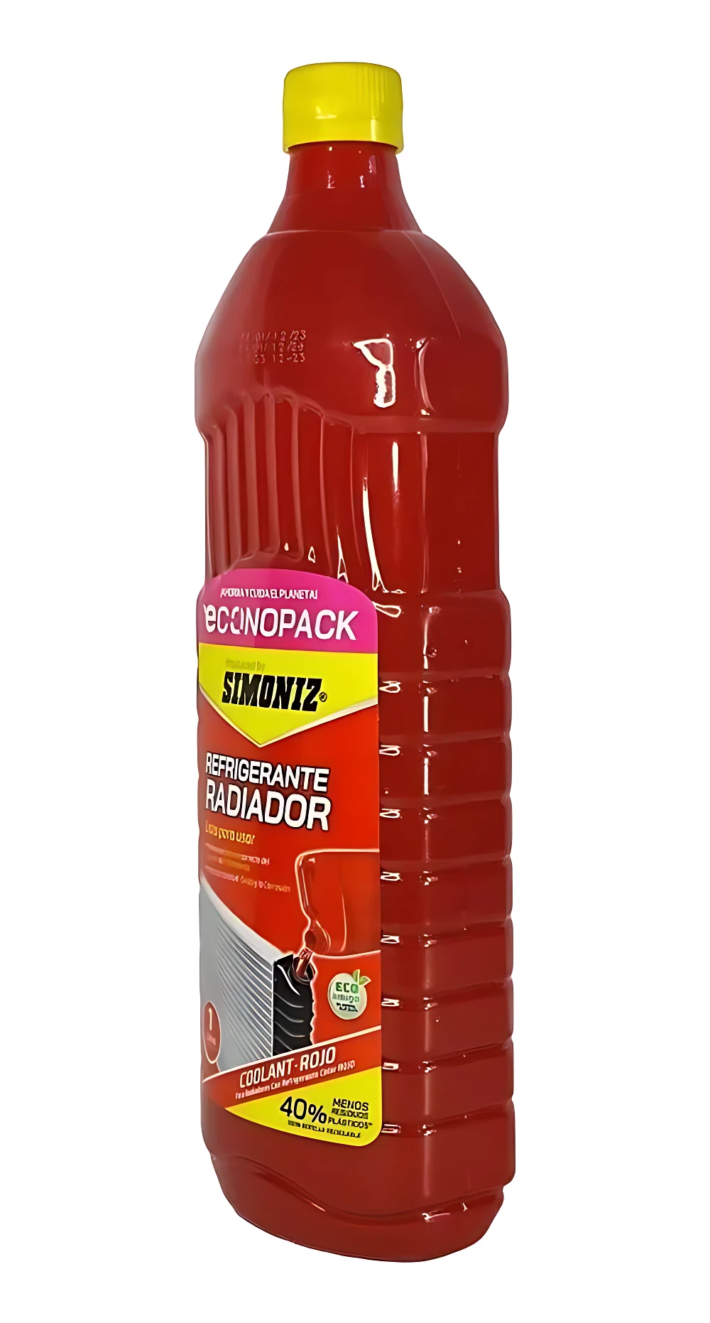 Botella roja de 1 litro de refrigerante radiador Simoniz, con tapa amarilla y etiqueta que indica protección antióxido.