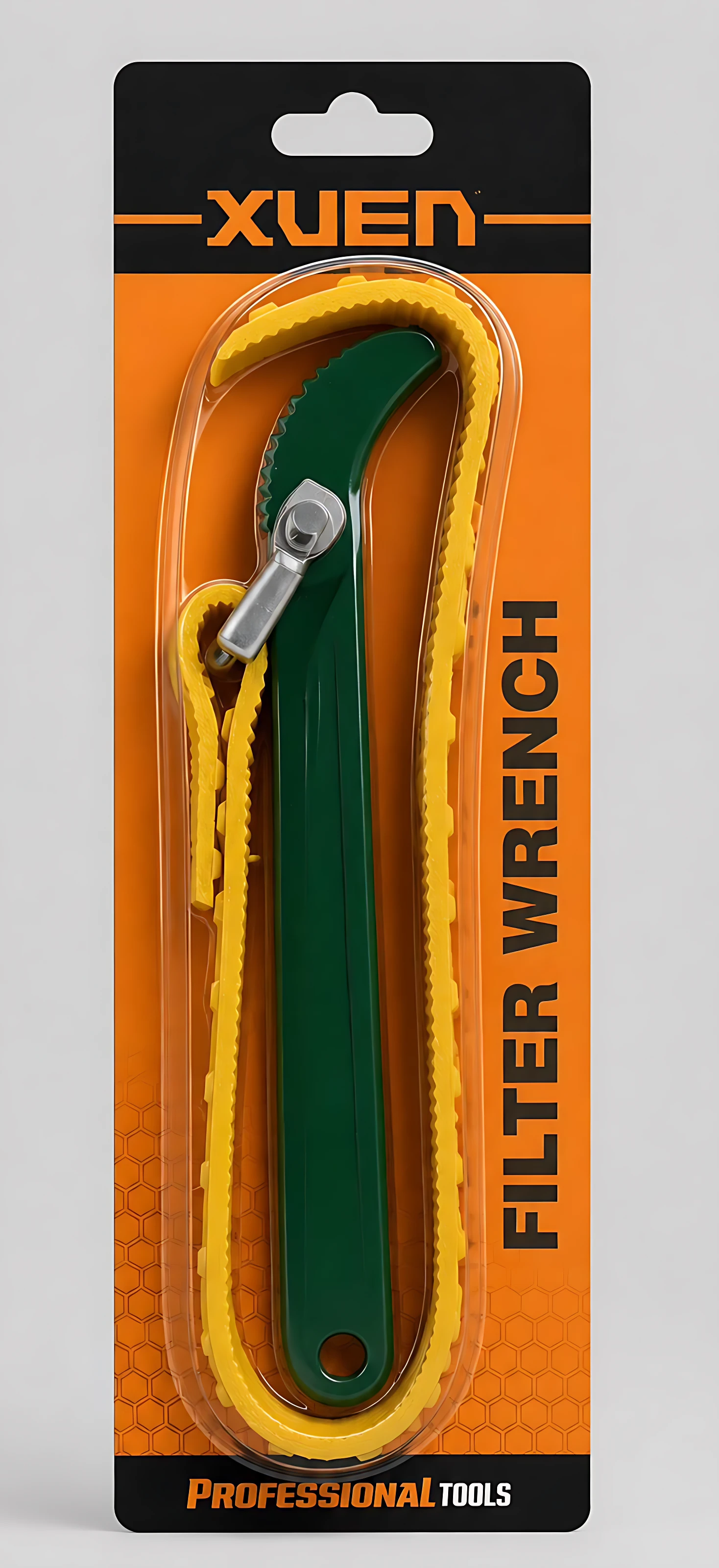 Llave correa para filtros de aceite en empaque naranja con mango verde y correa amarilla, marca Xuen, diseñada para aflojar filtros sin dañarlos.