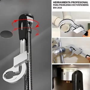 Llave universal multitool con mango negro y cabeza giratoria, mostrando uso en tuberías bajo fregadero y grifería.