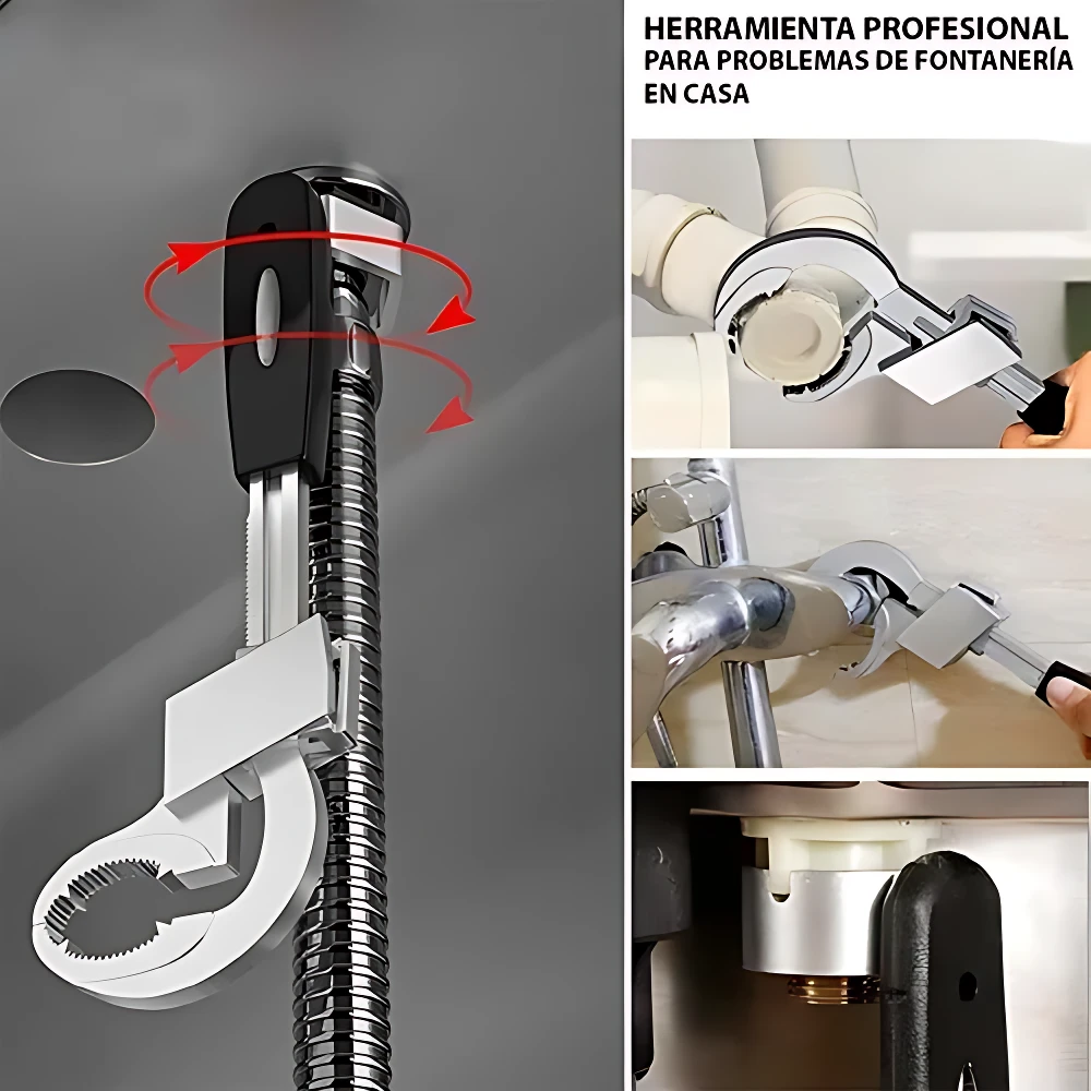 Llave universal multitool con mango negro y cabeza giratoria, mostrando uso en tuberías bajo fregadero y grifería.