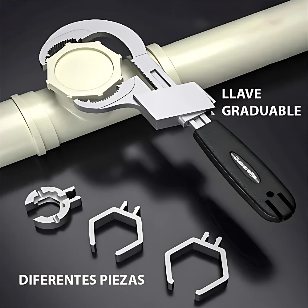 Llave universal de ajuste graduable con mango negro y cabezal metálico, mostrando piezas intercambiables para diferentes diámetros de tubería.