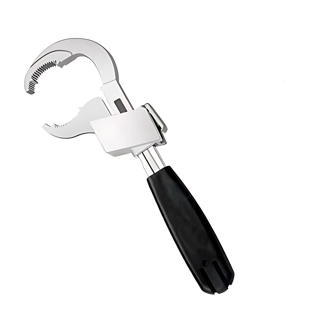 Llave universal Multitool™ de acero inoxidable con mango negro ergonómico, diseñada para abrir botellas y latas.