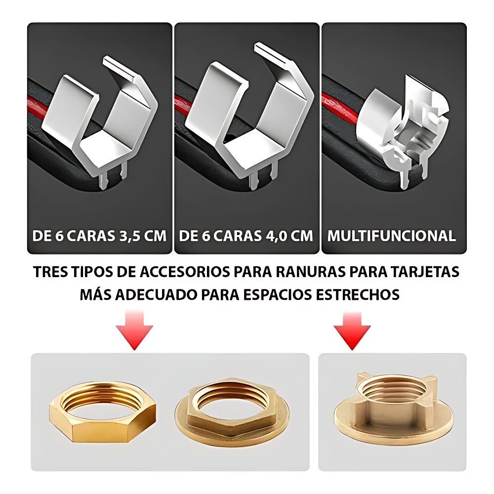 Tres tipos de accesorios para ranuras de tarjetas: de 6 caras 3,5 cm, de 6 caras 4,0 cm y multifuncional. Incluyen tuerca hexagonal dorada, anillo plano y pieza con base cuadrada.
