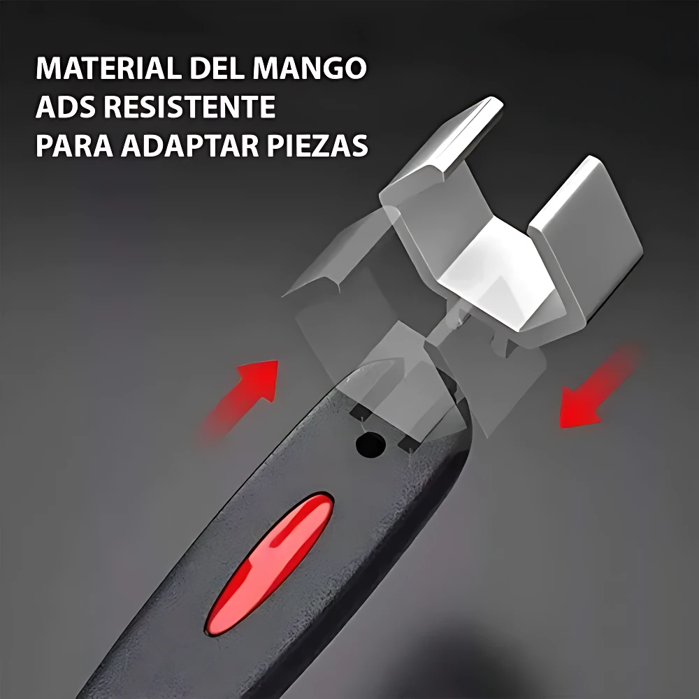 Llave universal Multitool™ con mango negro y detalles rojos, mostrando mecanismo de ajuste para adaptar piezas.