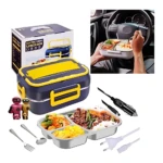 Lonchera eléctrica tricolor con tapa amarilla, caja de presentación, accesorios incluidos y plato desmontable con comida.
