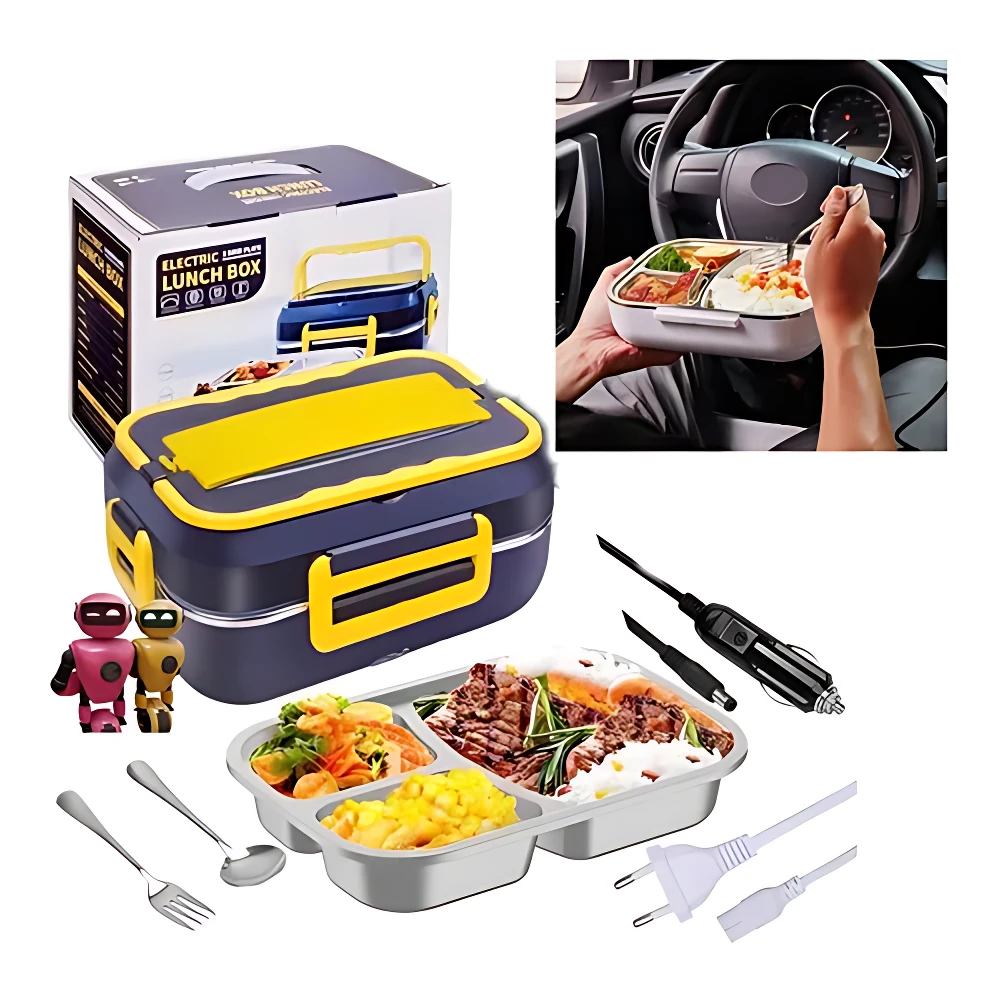 Lonchera eléctrica tricolor con tapa amarilla, caja de presentación, accesorios incluidos y plato desmontable con comida.