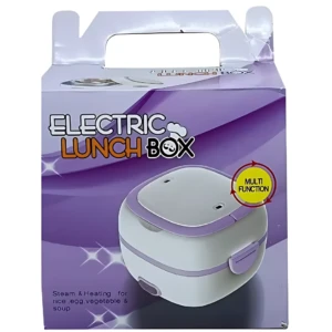 Lonchera eléctrica doble en caja morada, con tapa blanca y detalles en lila. Muestra función multiusos para vaporizar y calentar arroz, huevo, vegetales y sopas.