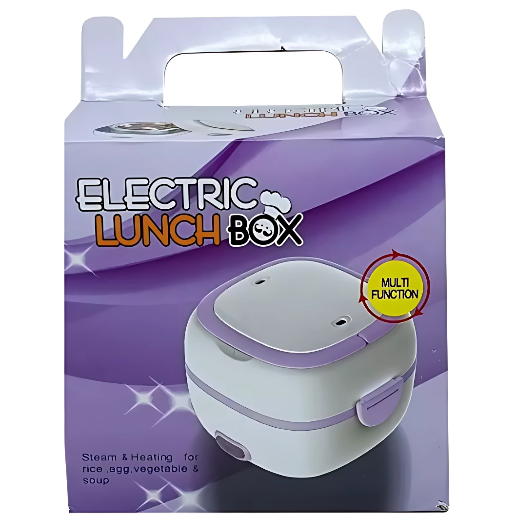 Lonchera eléctrica doble en caja morada, con tapa blanca y detalles en lila. Muestra función multiusos para vaporizar y calentar arroz, huevo, vegetales y sopas.