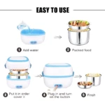 Lonchera eléctrica doble con tapa azul y cuerpo blanco, mostrando pasos de uso: agregar agua, colocar comida, cerrar y activar botón. Incluye dos recipientes metálicos apilables para calentar al vapor.
