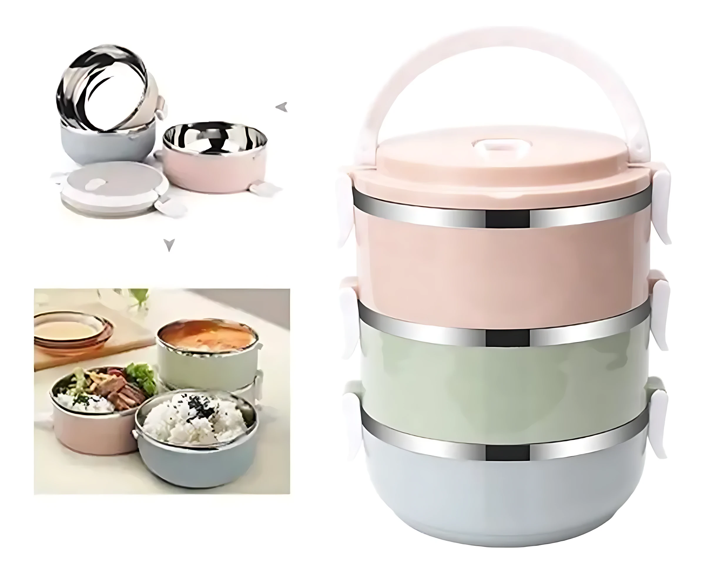 Lonchera térmica de acero inoxidable con tres niveles en colores rosa, verde y gris. Incluye tapa con asa y accesorios para transporte.
