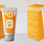 Packaging naranja del exfoliante corporal Lumina con diseño de árbol, mostrando caja frontal y trasera junto a tubo de gel con tapa gris.