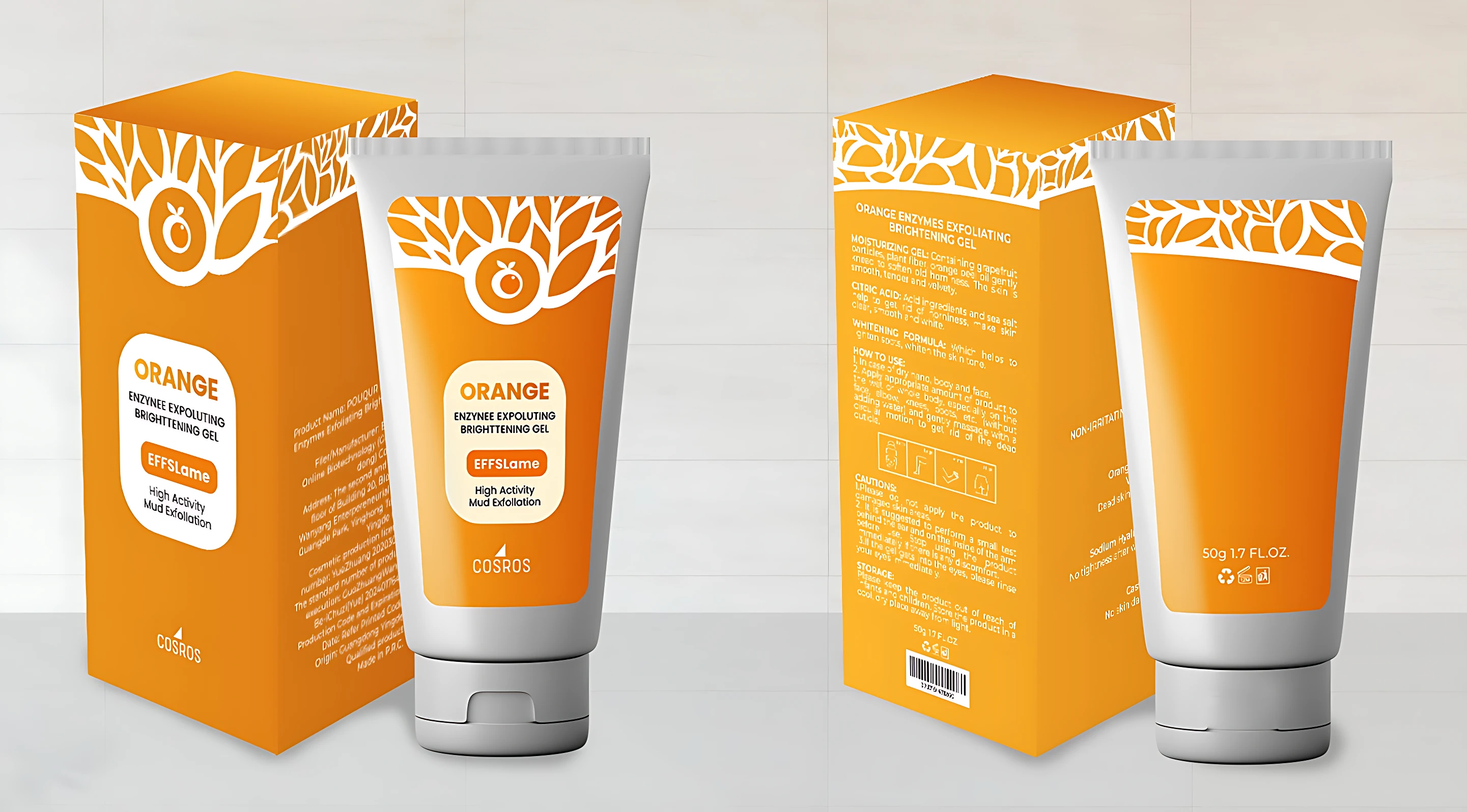 Packaging naranja del exfoliante corporal Lumina con diseño de árbol, mostrando caja frontal y trasera junto a tubo de gel con tapa gris.