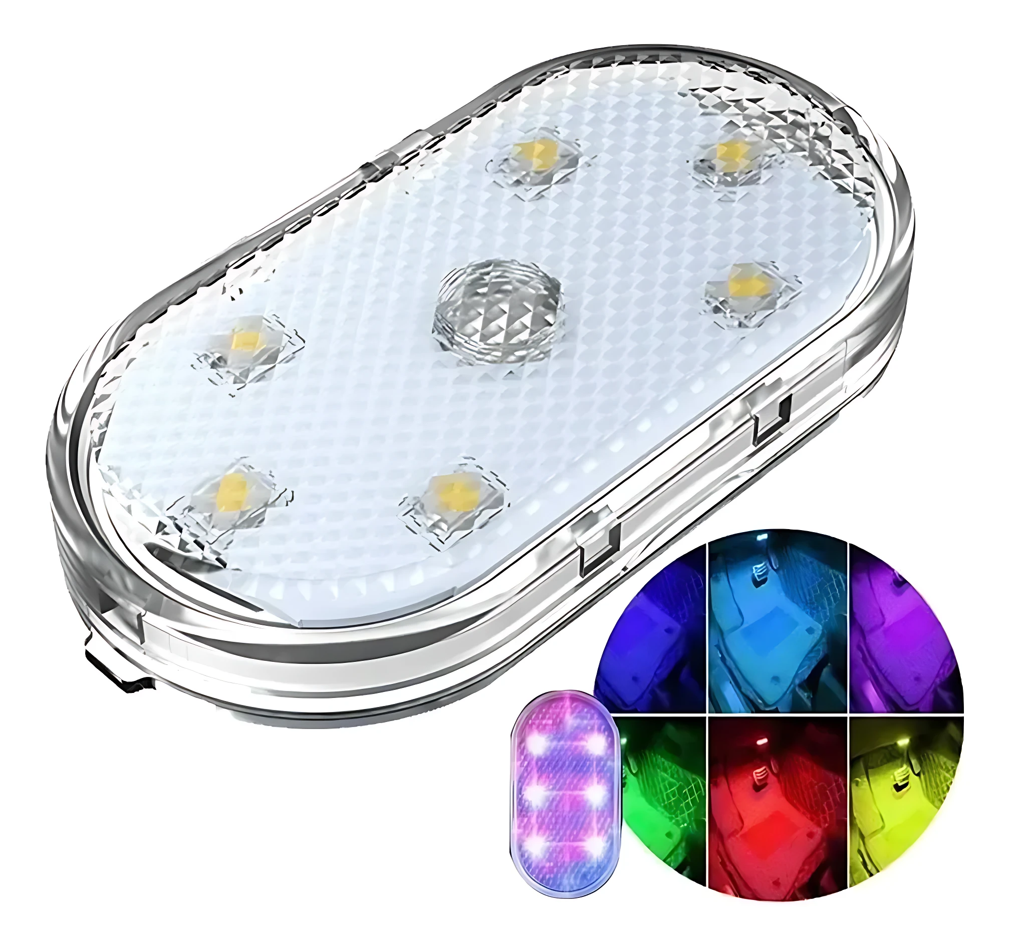 Luz LED ovalada con seis diodos, carcasa transparente y panel reflectante blanco; incluye vista de colores RGB en inserto inferior.