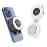 Luz magnética para selfie W50 en blanco, con anillo de iluminación LED y soporte giratorio, mostrada montada en smartphone azul y en vista separada.