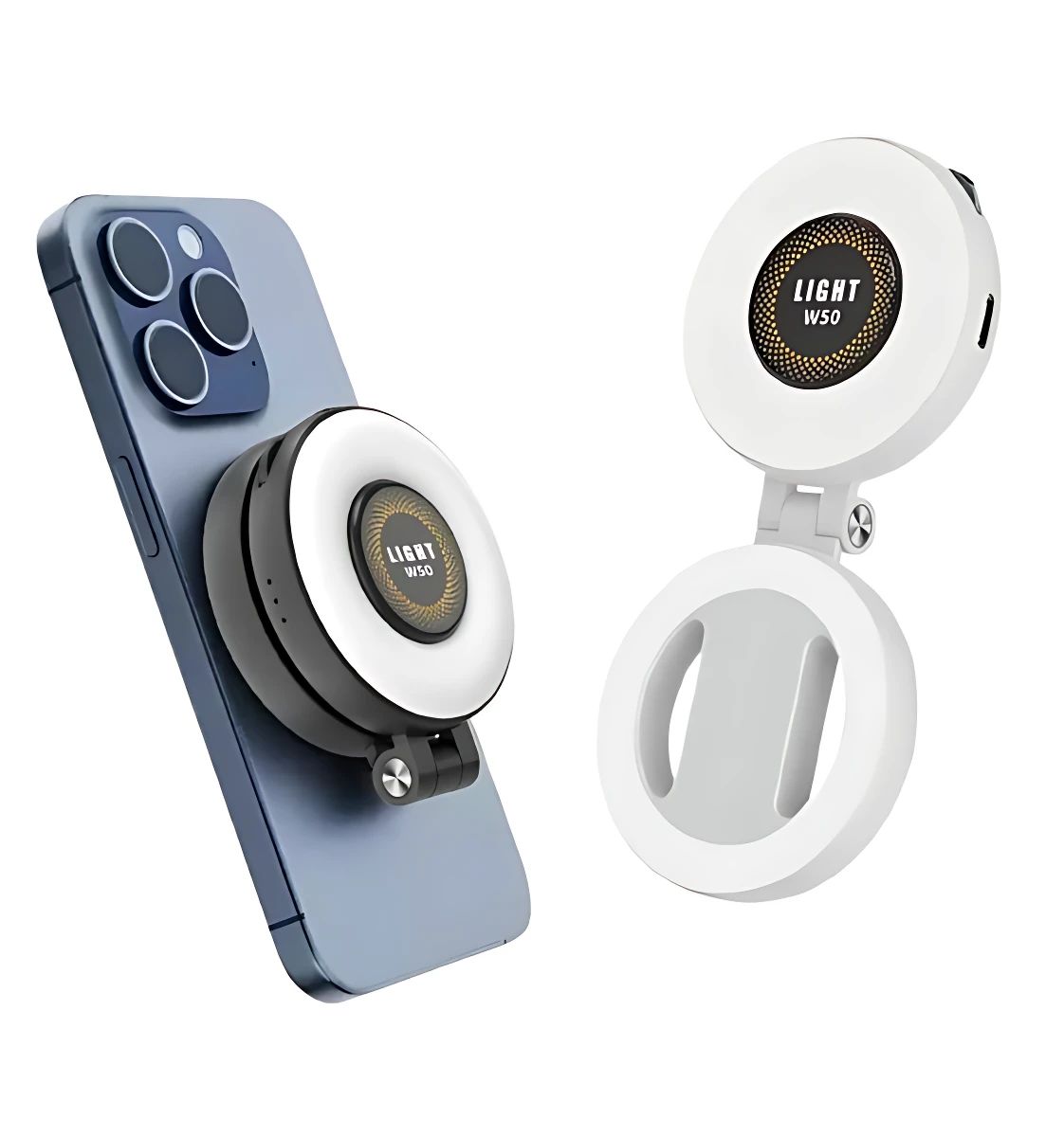 Luz magnética para selfie W50 en blanco, con anillo de iluminación LED y soporte giratorio, mostrada montada en smartphone azul y en vista separada.