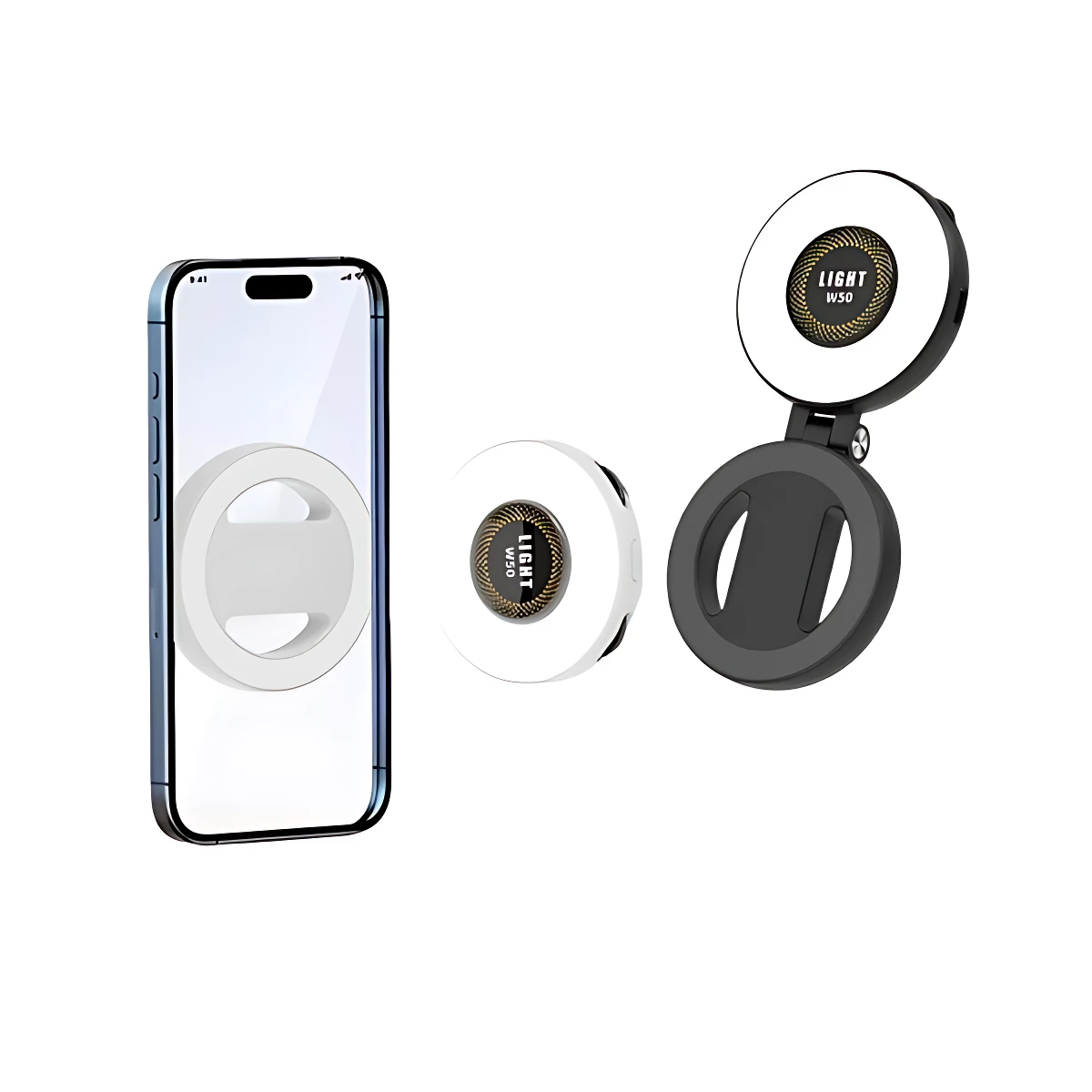 Luz magnética para selfie W50 en blanco y negro, con anillo de luz LED y base circular para montaje en teléfono móvil.