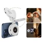 Accesorio de luz LED magnética para selfies, color blanco, con soporte giratorio y base circular que se fija al teléfono. Incluye dos vistas de uso: una persona tomando con el dispositivo en la parte trasera del móvil y otra mostrando la luz frontal activa durante un selfie nocturno.