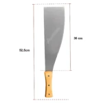 Machete Pacora Mango con mango de madera y hoja de acero alto carbono, mostrando medidas de 52,5 cm de largo total y 36 cm de hoja.