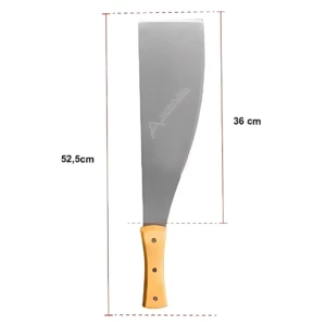 Machete Pacora Mango con mango de madera y hoja de acero alto carbono, mostrando medidas de 52,5 cm de largo total y 36 cm de hoja.