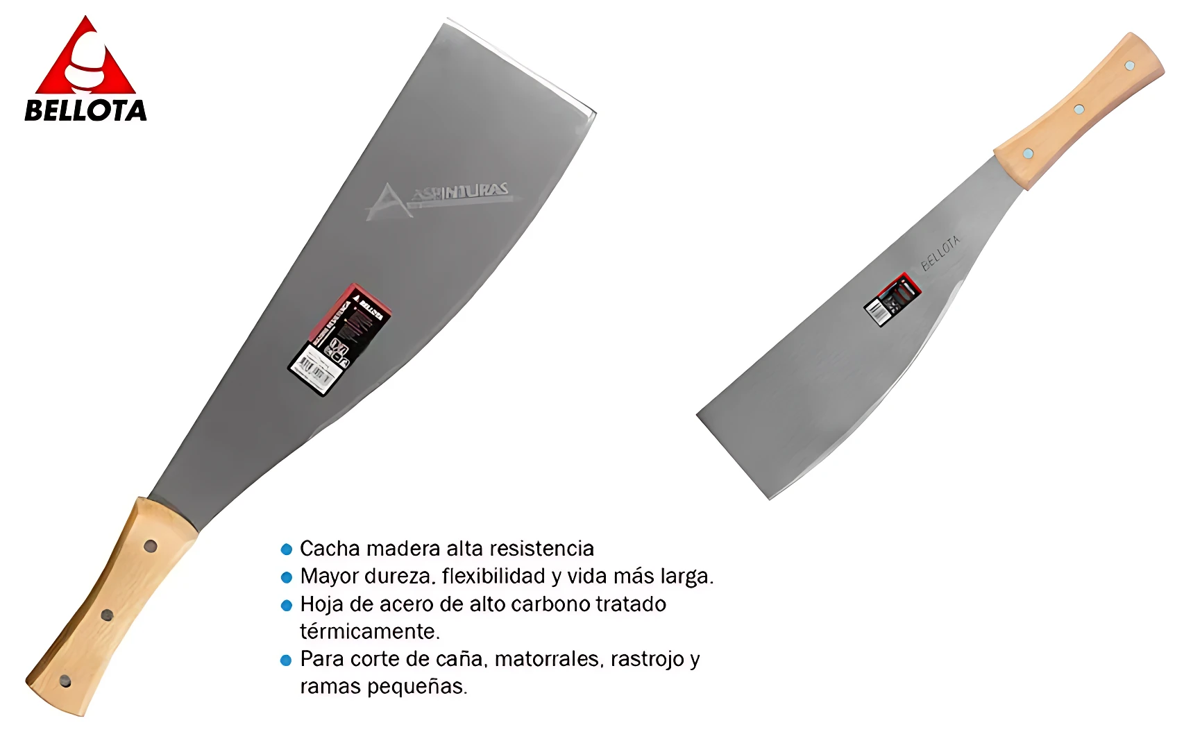 Machete Pacora con mango de madera y hoja de acero alto carbono, mostrado en dos ángulos para destacar su diseño y resistencia.