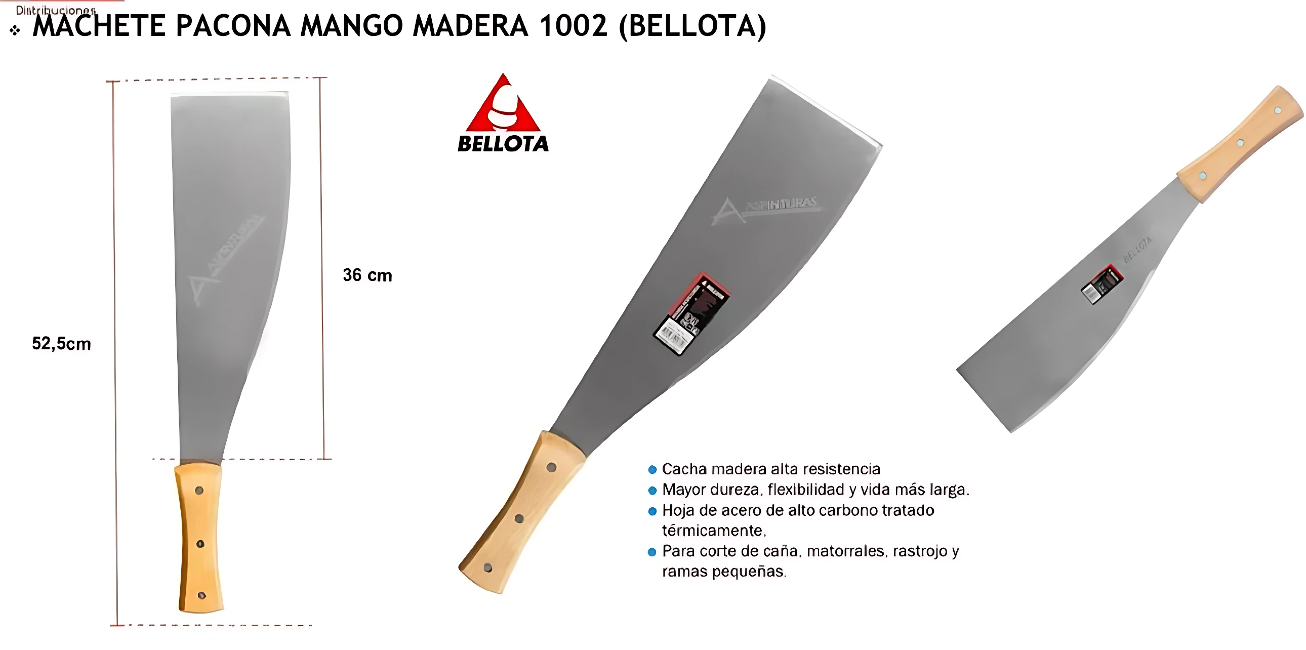 Machete Pacora Mango de madera con hoja de acero alto carbono, medidas 52,5 cm de largo y 36 cm de ancho, ideal para cortar vegetación densa.