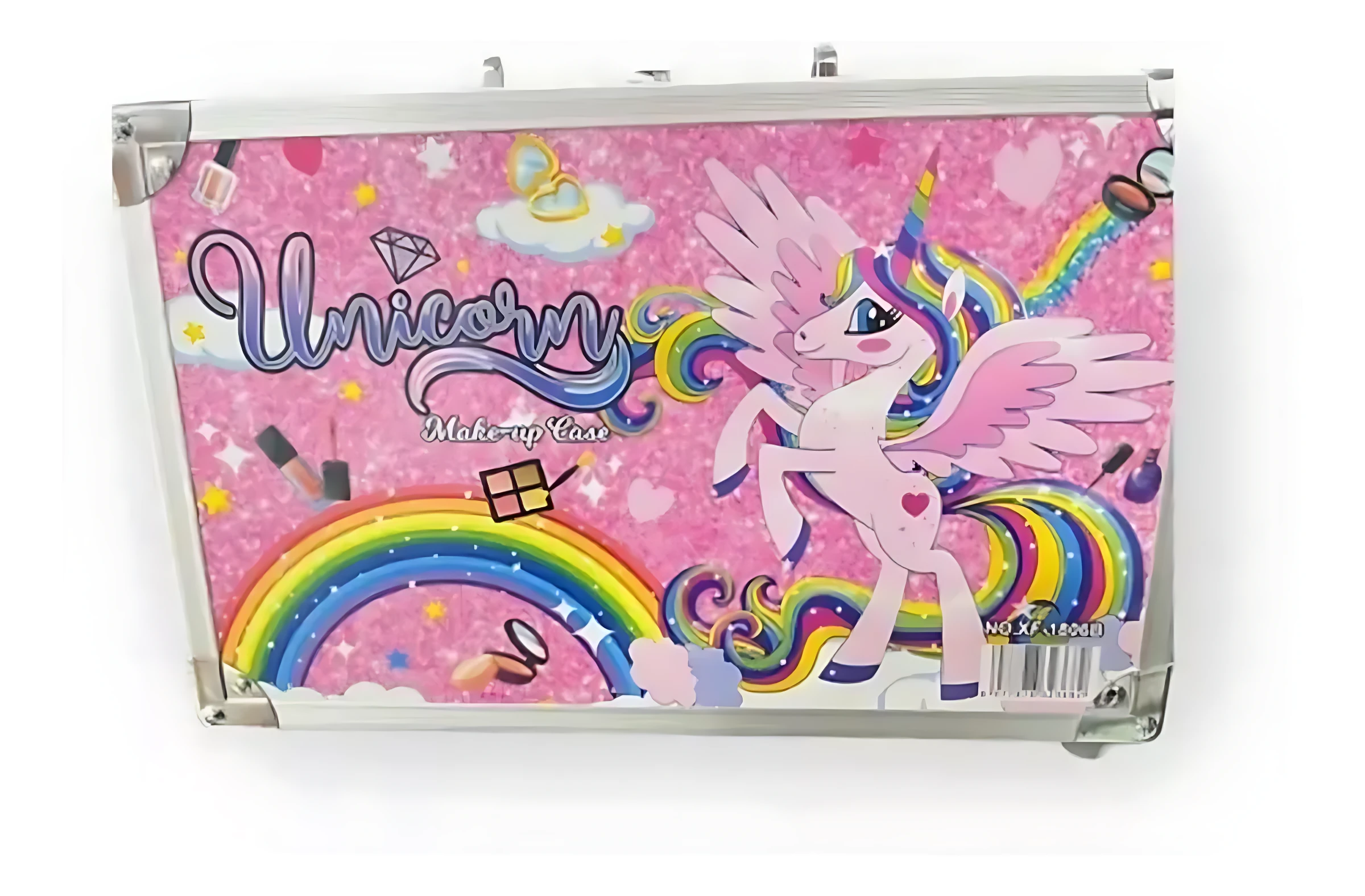 Maleta de maquillaje infantil con diseño de unicornio rosa, arcoíres y accesorios cosméticos lavables. Incluye espejo, pinceles y paleta. Ideal para juego creativo.
